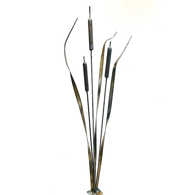 One of a kind metal sculpture of bull rushes / cat tails. Soul Metal's fine detail work can be seen in the many twists of the wind blown leaves.