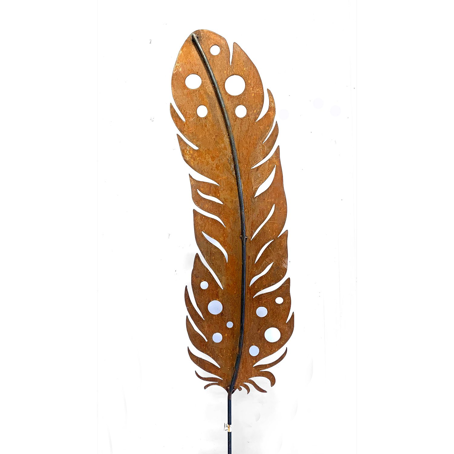 A large feather cut from rusted metal. A carefully bent metal rod runs down the center, and can be staked into the ground.